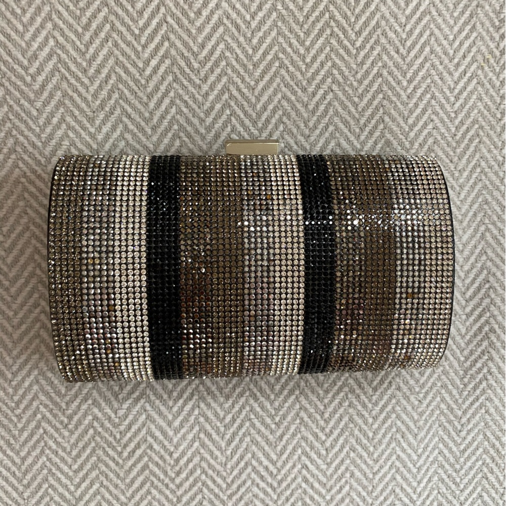 Glamorous INC Rhinestone Striped Evening Clutch with Silver Tone Chain & Closure